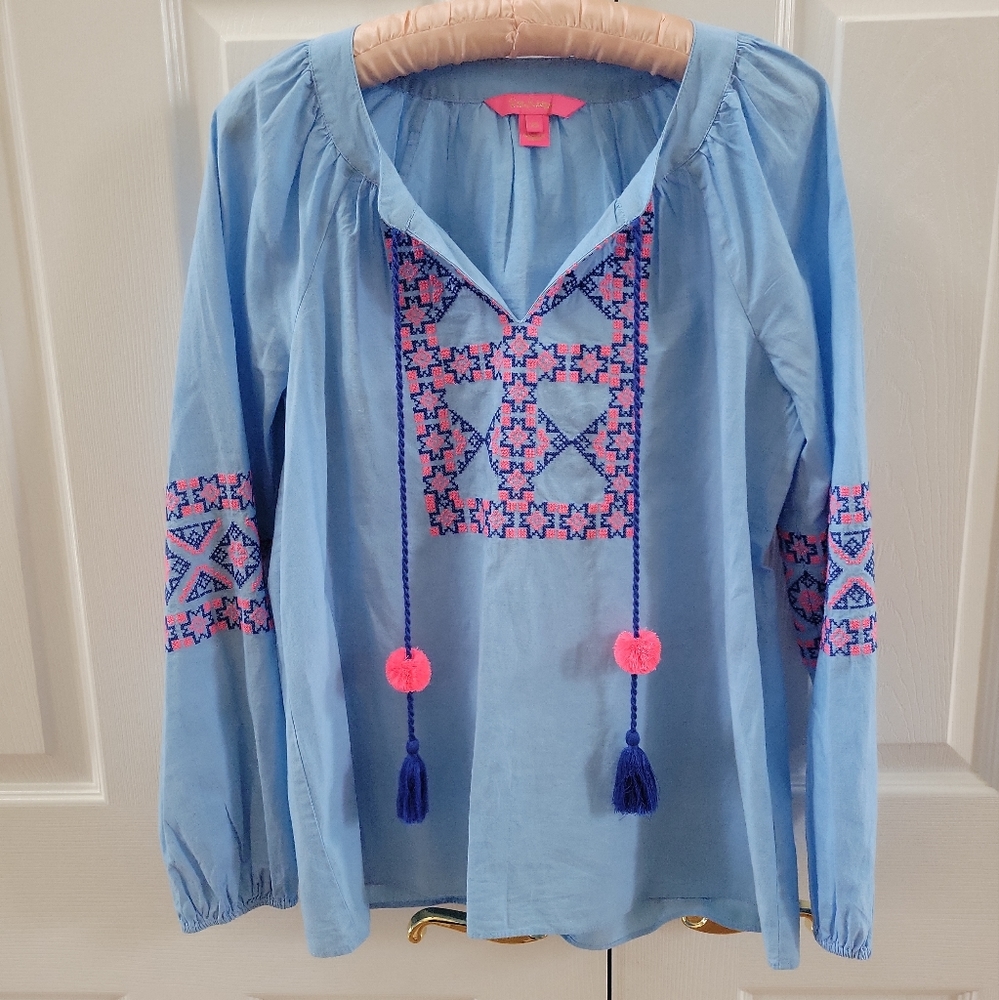 Lilly Pulitzer Light Blue Embroidered Peasant Top with Pink & Navy Accents